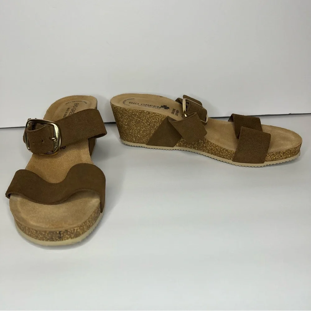 Bio‎ Green Cork Wedge Brown Leather Double Strap Made in Spain women's 40 8.5